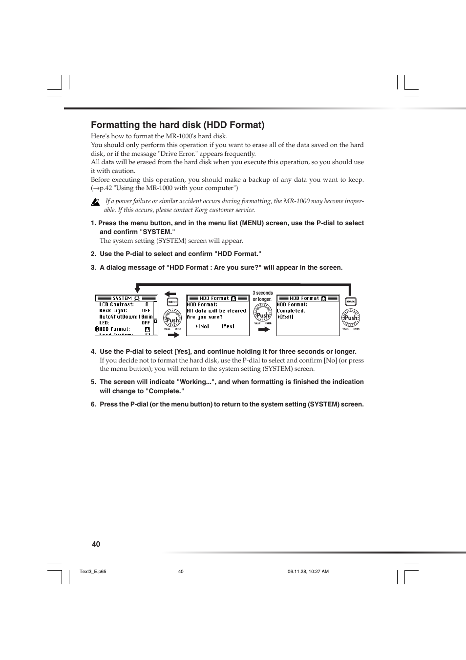 Formatting the hard disk (hdd format) | KORG DSD MR-1000 User Manual | Page 40 / 56