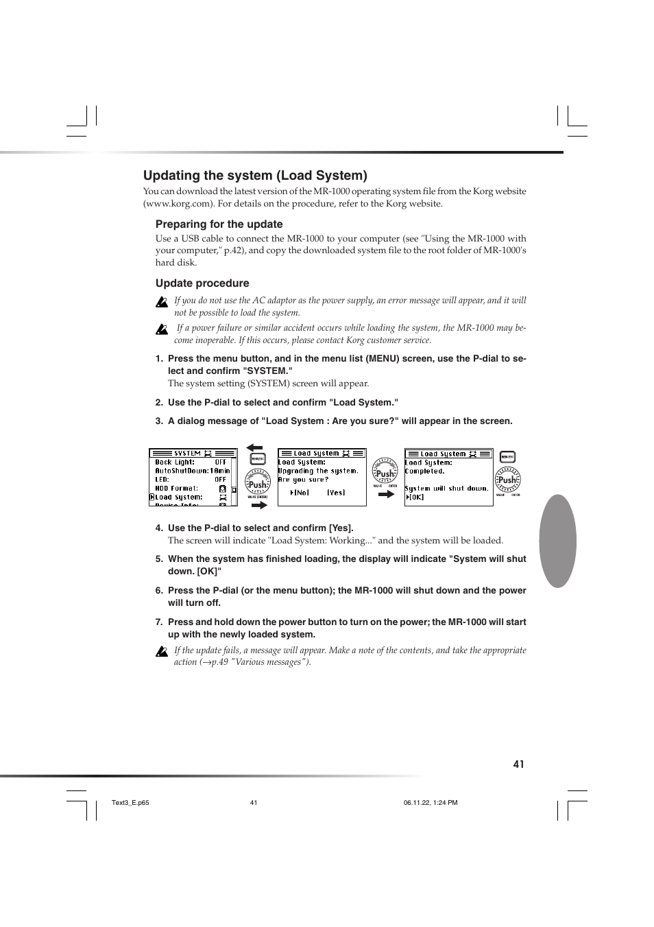 Updating the system (load system) | KORG DSD MR-1000 User Manual | Page 41 / 56