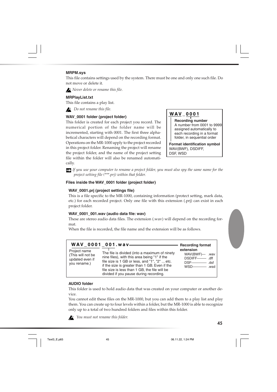 Oject." the folder is named automatically, P.45), W a v _ 0 0 0 1 | KORG DSD MR-1000 User Manual | Page 45 / 56