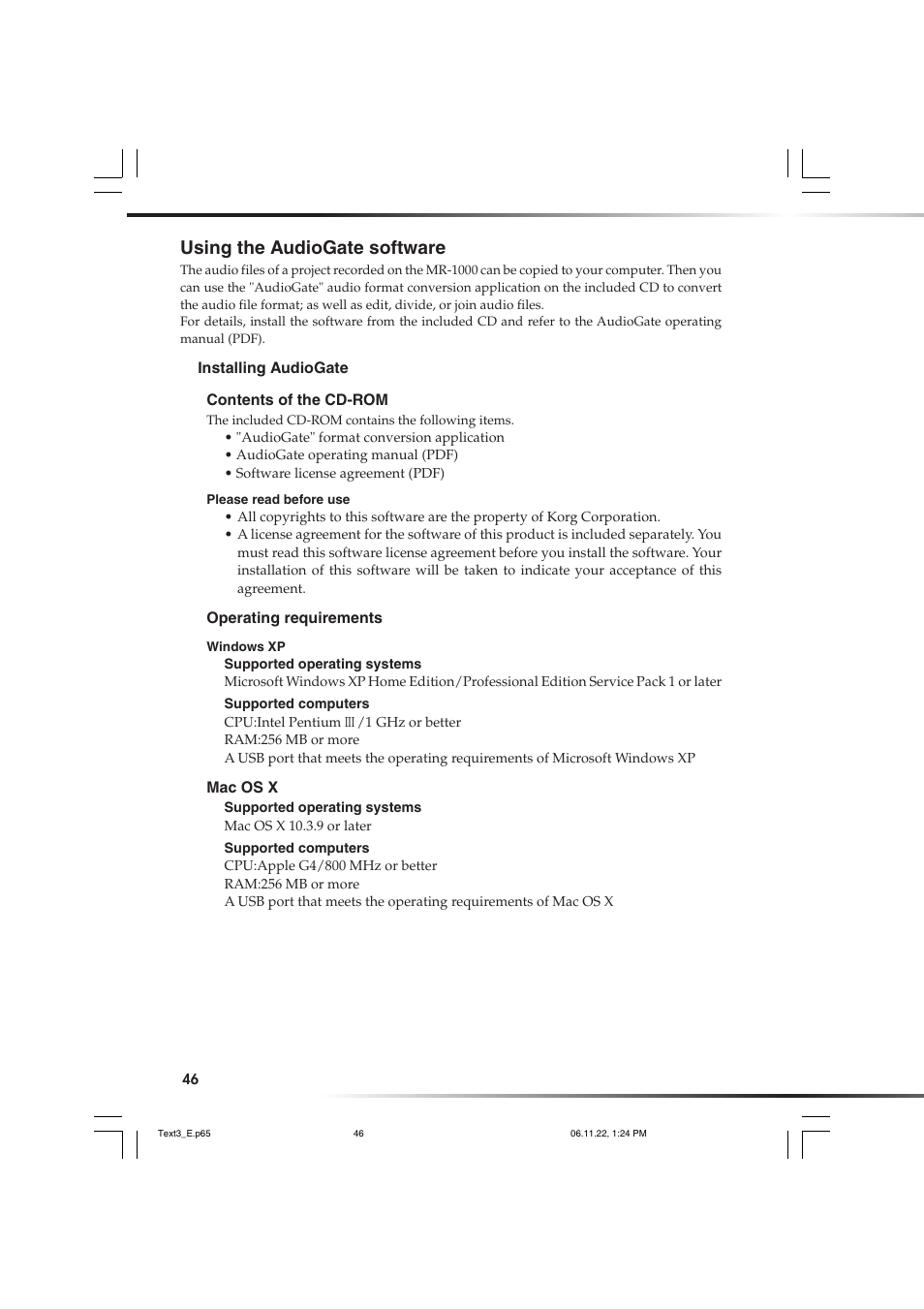 Using the audiogate software | KORG DSD MR-1000 User Manual | Page 46 / 56