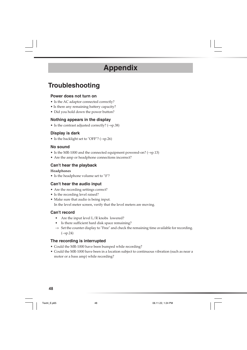 Appendix, Troubleshooting | KORG DSD MR-1000 User Manual | Page 48 / 56