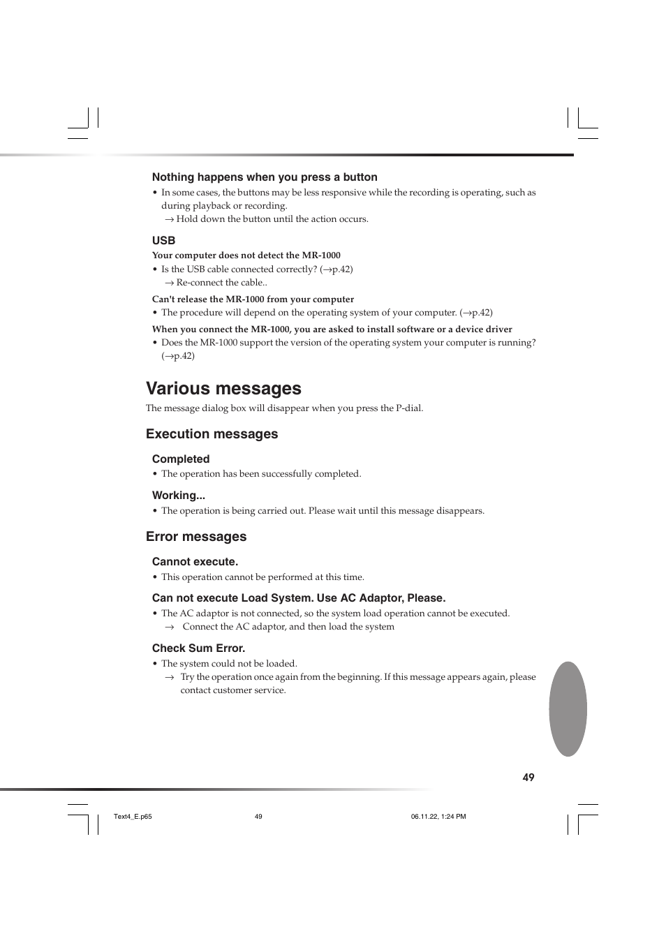 Various messages, Execution messages, Error messages | Execution messages error messages | KORG DSD MR-1000 User Manual | Page 49 / 56