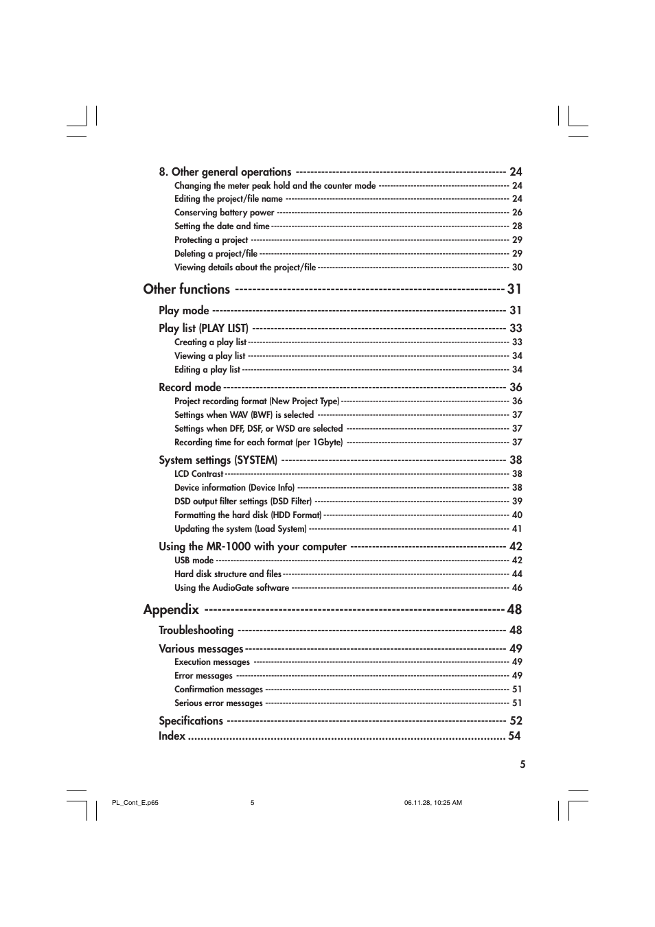Other functions, Appendix | KORG DSD MR-1000 User Manual | Page 5 / 56