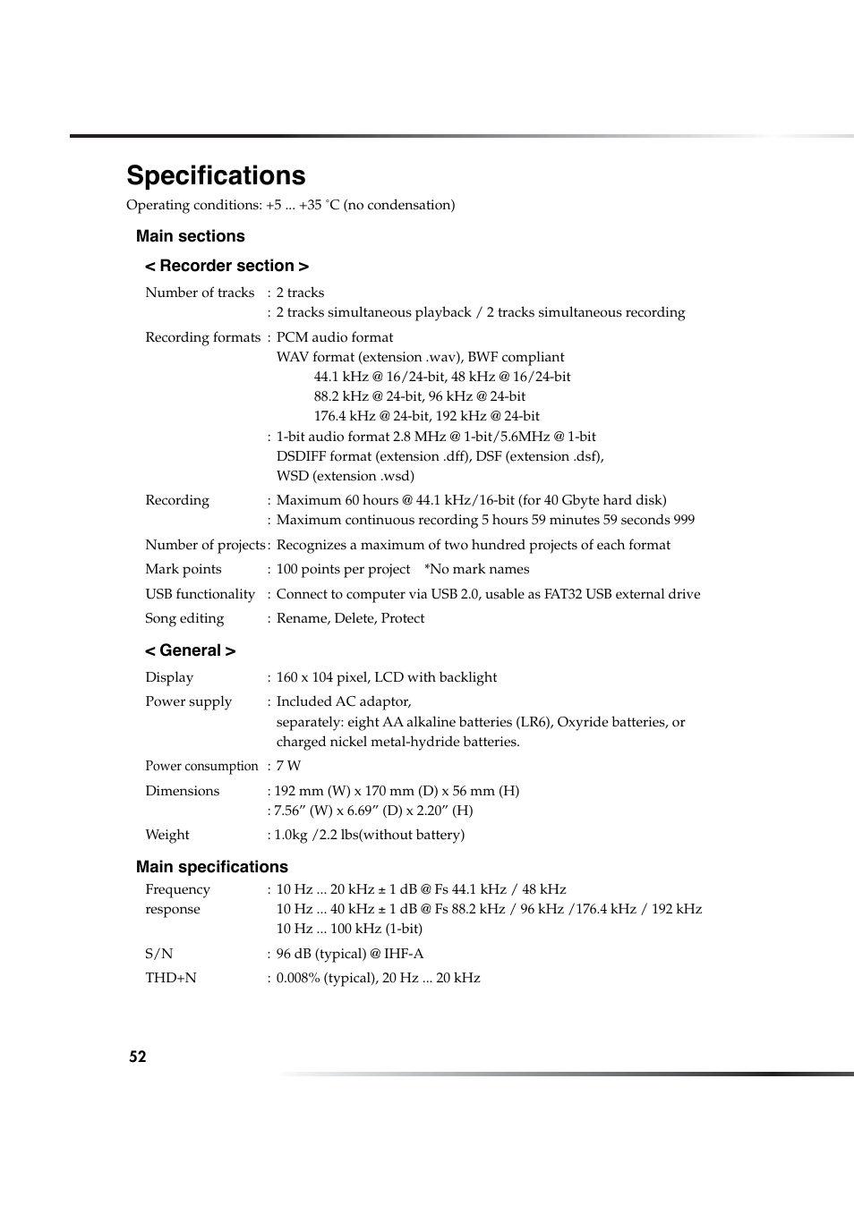 Specifications | KORG DSD MR-1000 User Manual | Page 52 / 56