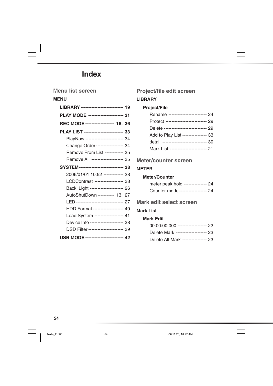 Index | KORG DSD MR-1000 User Manual | Page 54 / 56