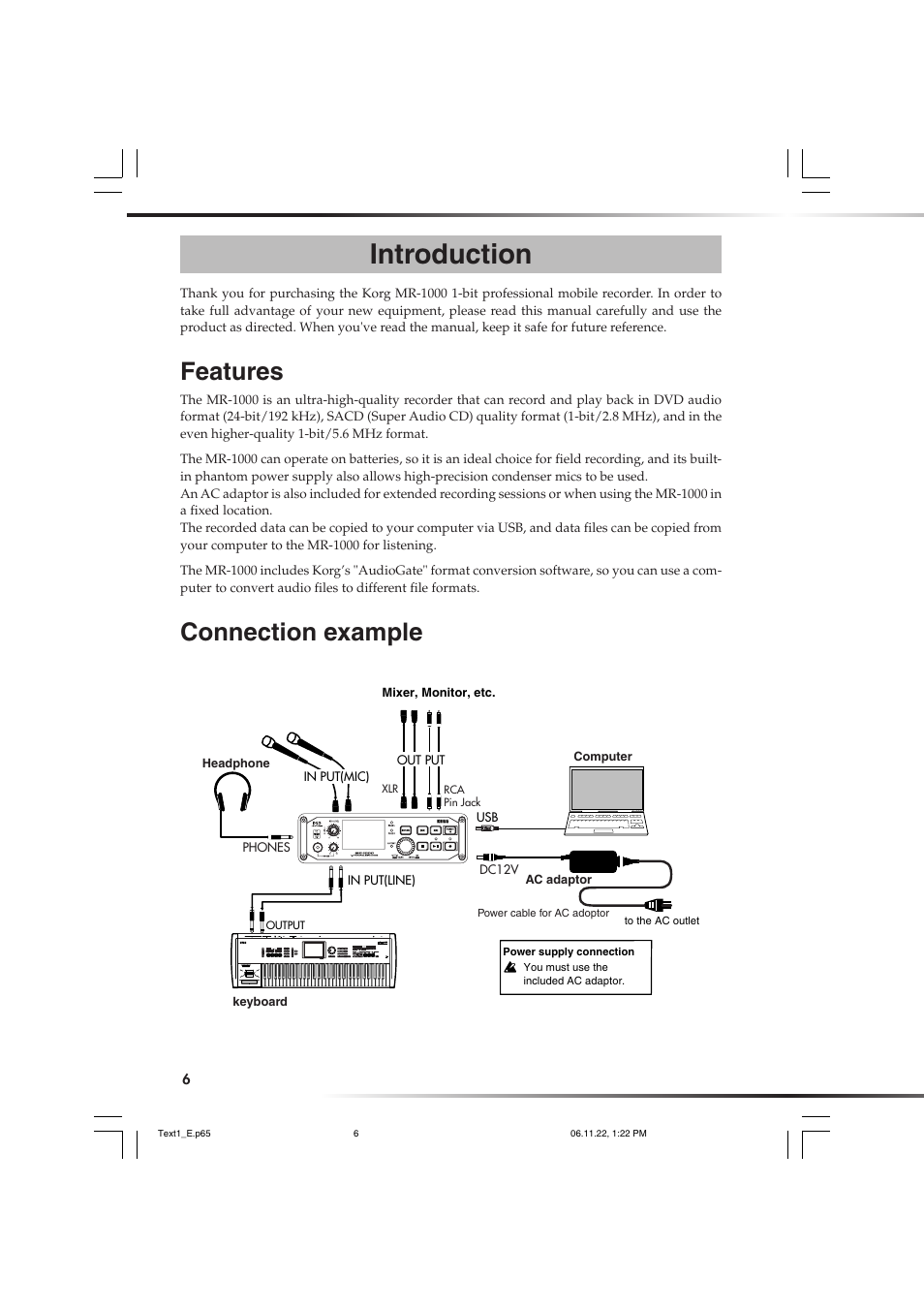 Introduction, Features, Connection example | Features connection example | KORG DSD MR-1000 User Manual | Page 6 / 56