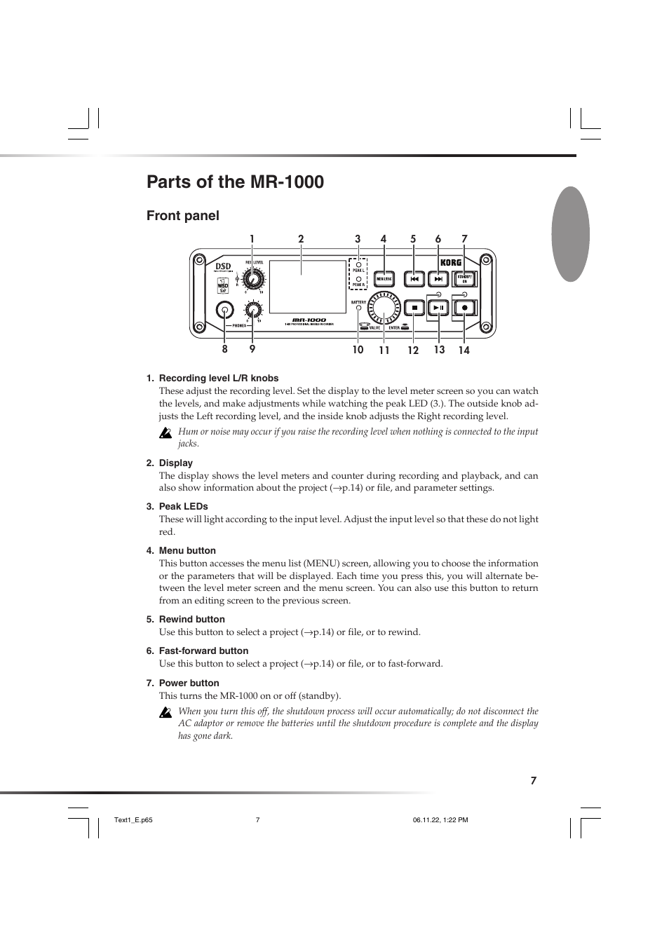 Parts of the mr-1000, Front panel | KORG DSD MR-1000 User Manual | Page 7 / 56