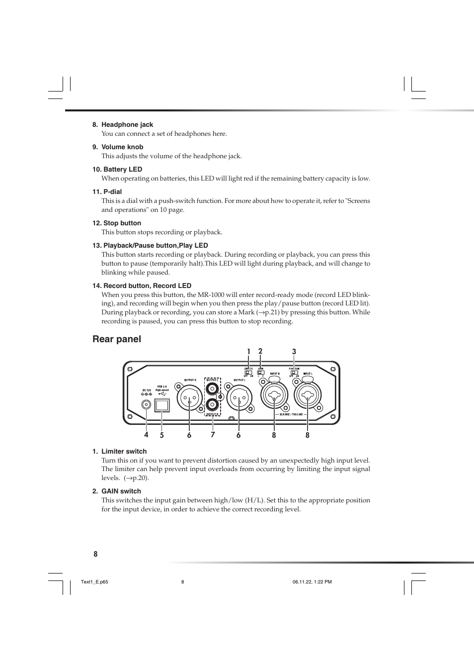 Rear panel | KORG DSD MR-1000 User Manual | Page 8 / 56