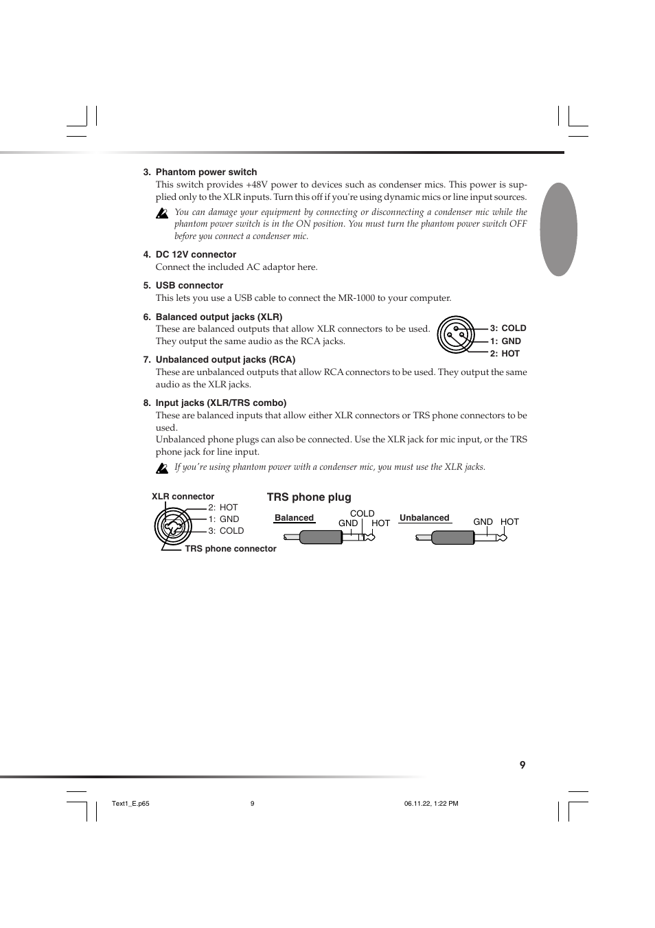 Trs phone plug | KORG DSD MR-1000 User Manual | Page 9 / 56