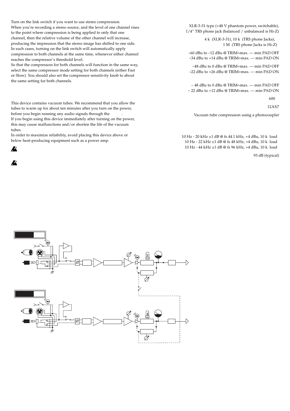 A note about the vacuum tubes, Specifications, 4. using the link switch | Input 9 input 10 | KORG TPB-2 User Manual | Page 4 / 4