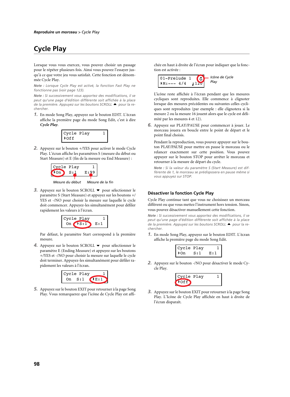 Cycle play, Désactiver la fonction cycle play | KORG C-520 User Manual | Page 100 / 298