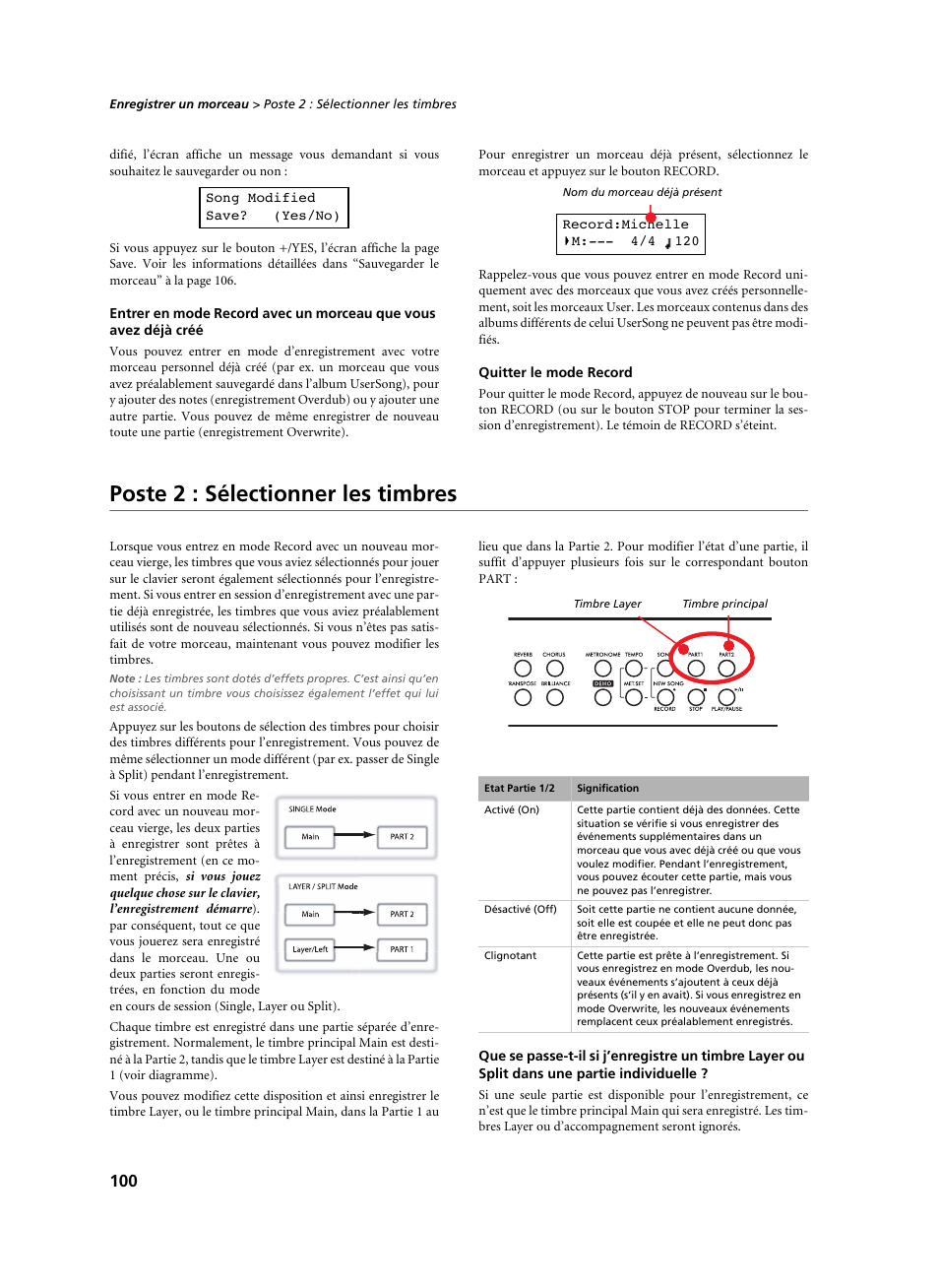 Quitter le mode record, Poste 2 : sélectionner les timbres | KORG C-520 User Manual | Page 102 / 298
