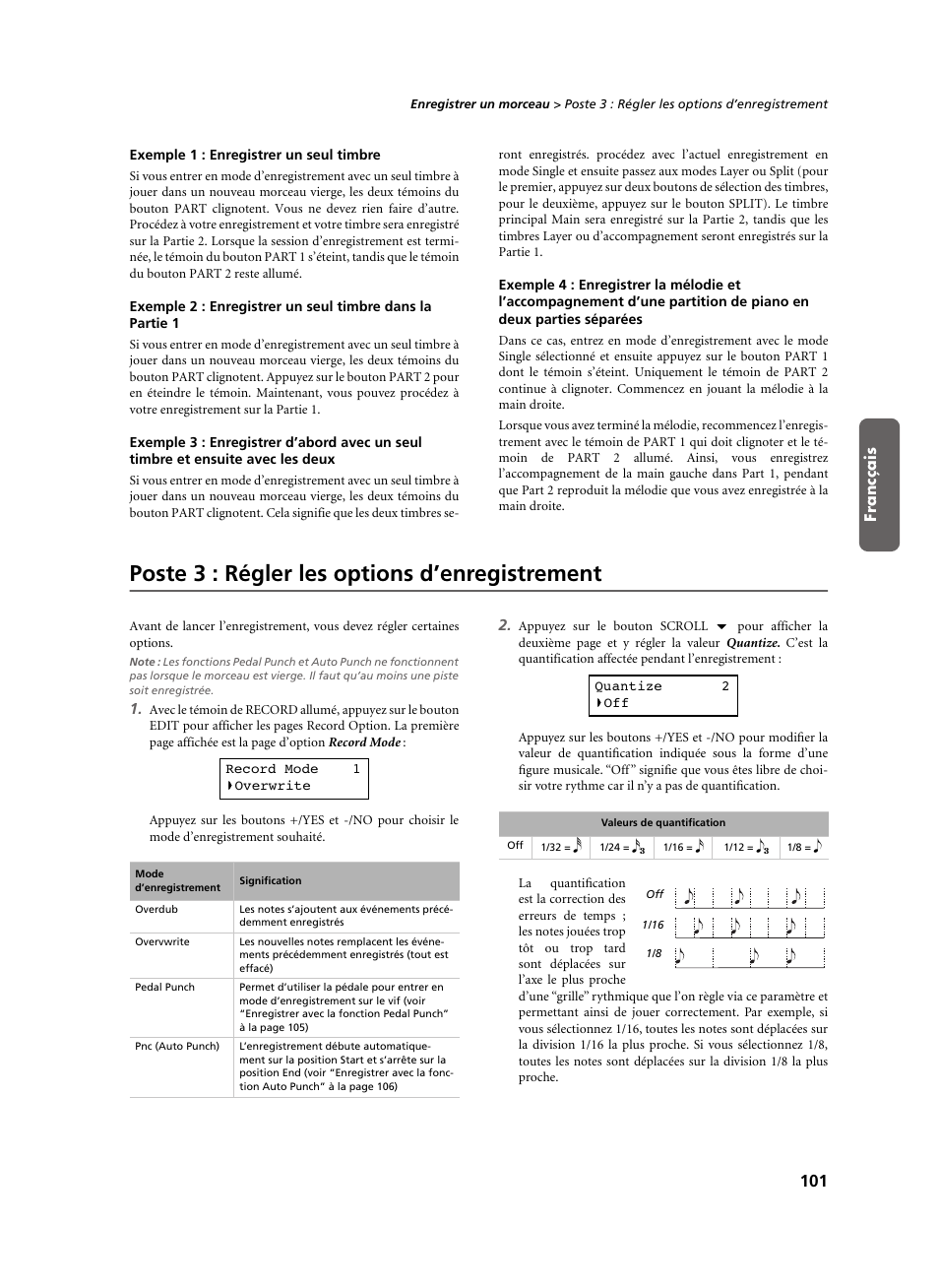 Exemple 1 : enregistrer un seul timbre, Poste 3 : régler les options d’enregistrement | KORG C-520 User Manual | Page 103 / 298