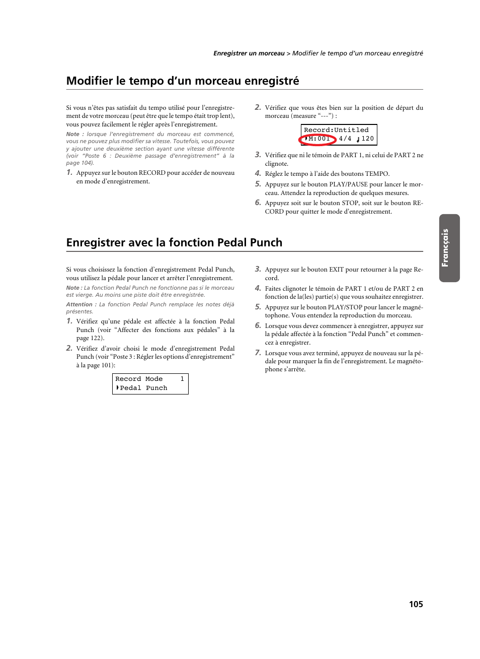 Modifier le tempo d’un morceau enregistré, Enregistrer avec la fonction pedal punch | KORG C-520 User Manual | Page 107 / 298