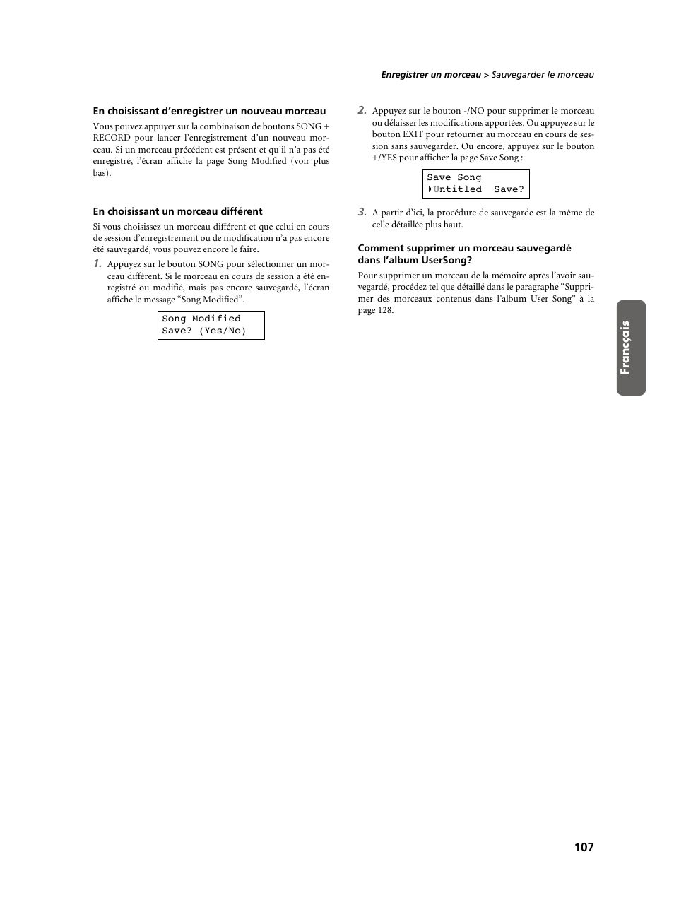 En choisissant d’enregistrer un nouveau morceau, En choisissant un morceau différent | KORG C-520 User Manual | Page 109 / 298