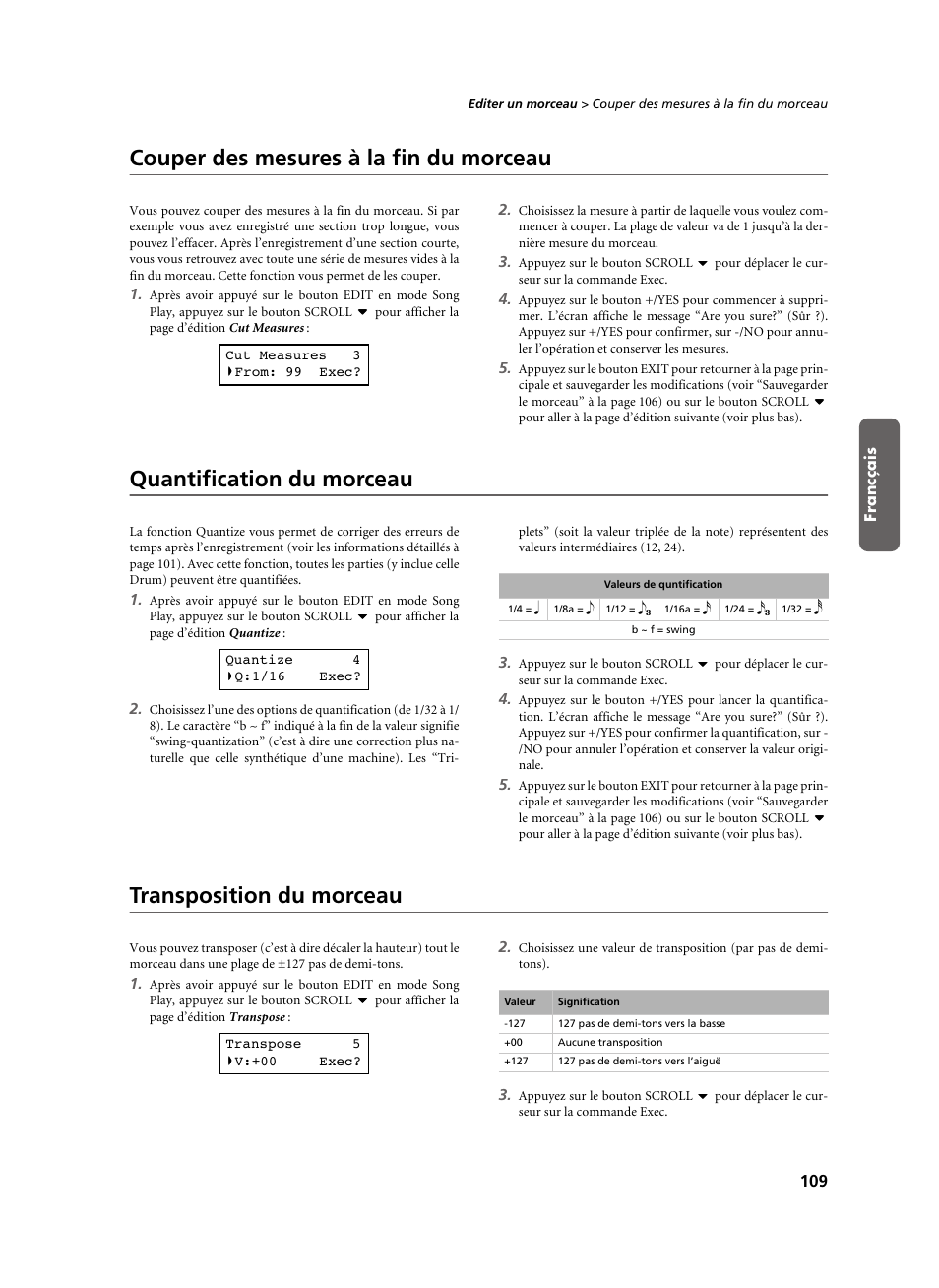 Couper des mesures à la fin du morceau, Quantification du morceau, Transposition du morceau | KORG C-520 User Manual | Page 111 / 298