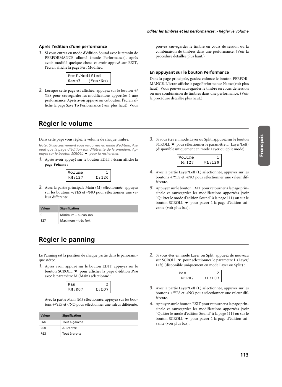 Après l’édition d’une performance, En appuyant sur le bouton performance, Régler le volume | Régler le panning, Régler le volume régler le panning | KORG C-520 User Manual | Page 115 / 298