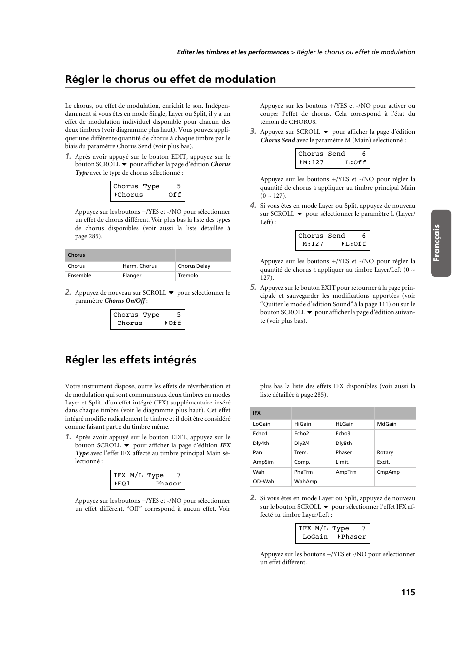 Régler le chorus ou effet de modulation, Régler les effets intégrés | KORG C-520 User Manual | Page 117 / 298