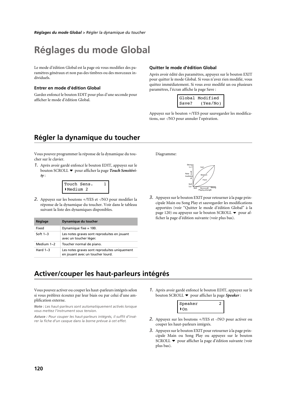 Réglages du mode global, Entrer en mode d’édition global, Quitter le mode d’édition global | Régler la dynamique du toucher, Activer/couper les haut-parleurs intégrés | KORG C-520 User Manual | Page 122 / 298