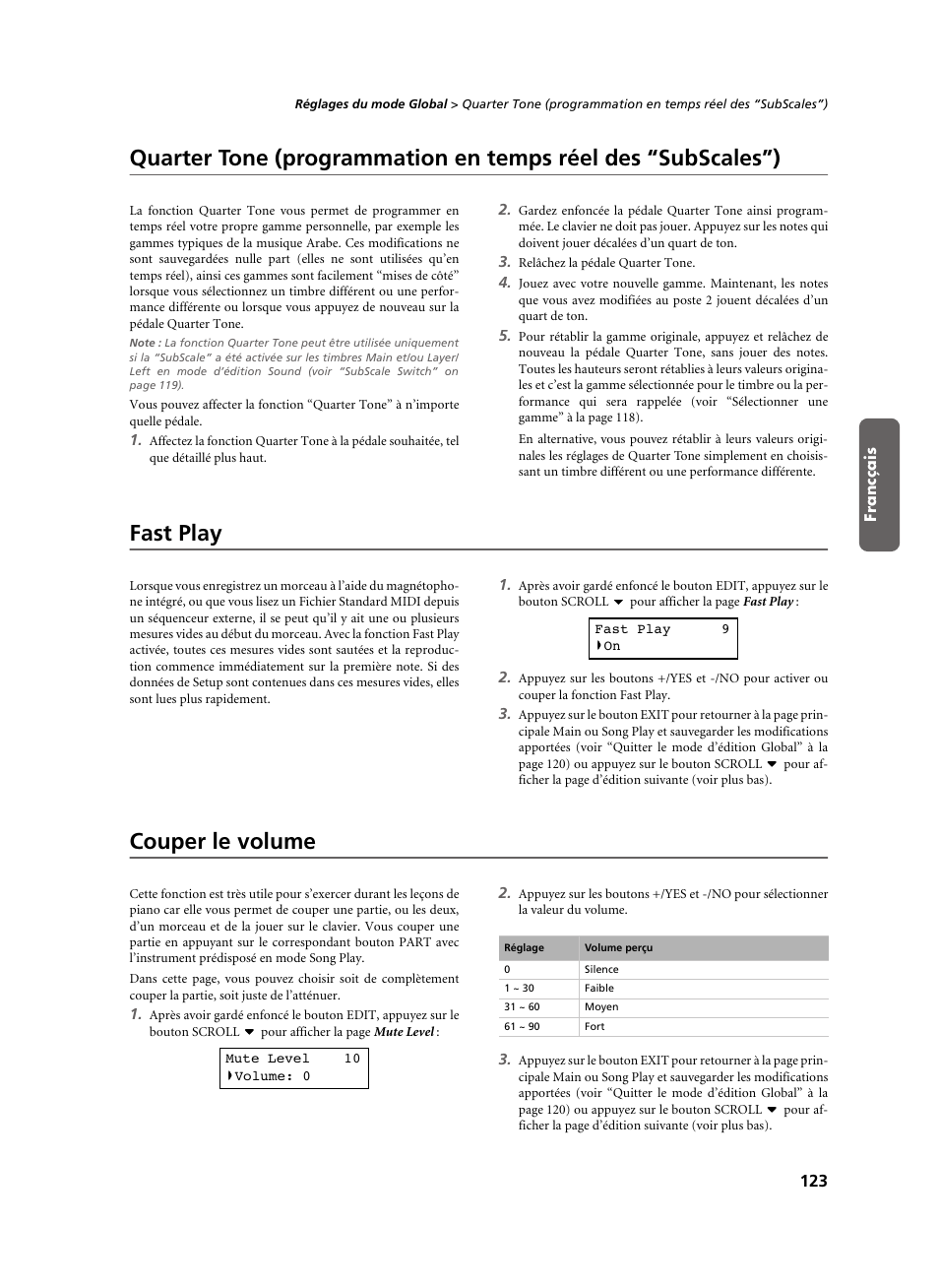 Fast play, Couper le volume | KORG C-520 User Manual | Page 125 / 298