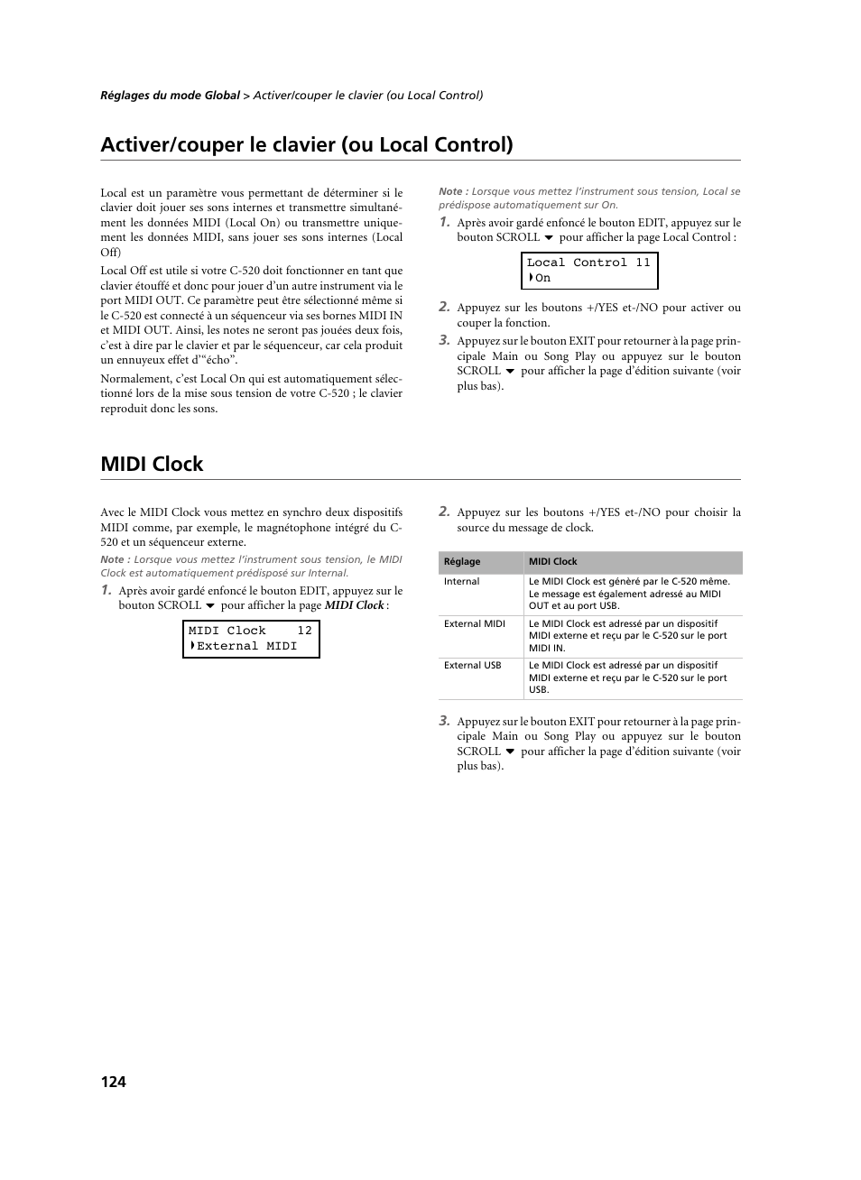 Activer/couper le clavier (ou local control), Midi clock | KORG C-520 User Manual | Page 126 / 298