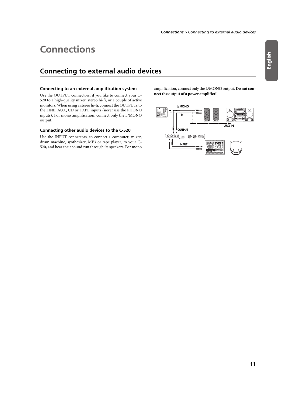 Connections, Connecting to external audio devices, Connecting to an external amplification system | Connecting other audio devices to the c-520 | KORG C-520 User Manual | Page 13 / 298
