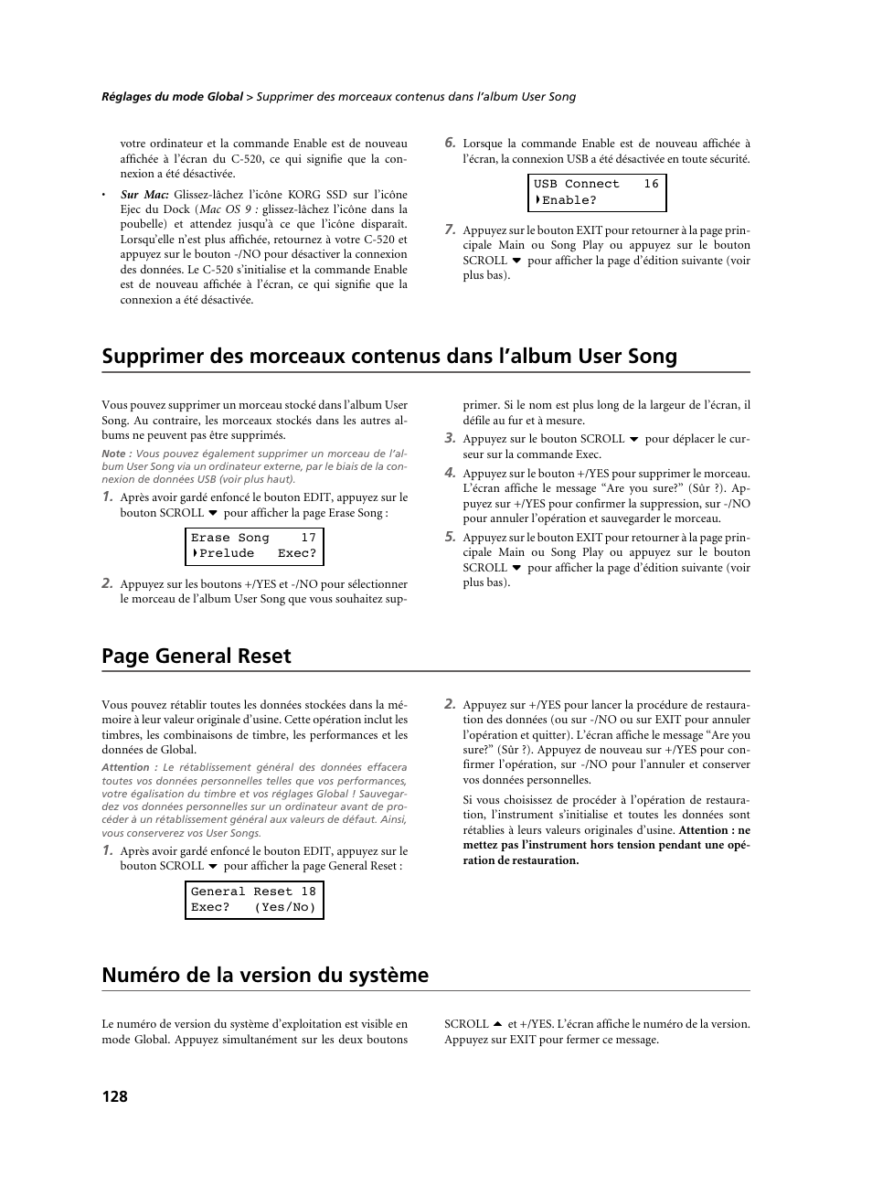 Numéro de la version du système, Page general reset | KORG C-520 User Manual | Page 130 / 298