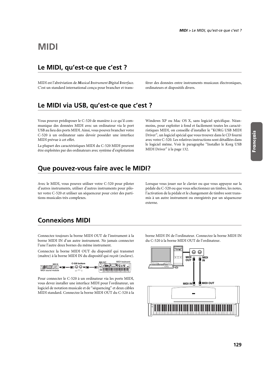 Midi, Le midi, qu’est-ce que c’est, Le midi via usb, qu’est-ce que c’est | Que pouvez-vous faire avec le midi, Connexions midi | KORG C-520 User Manual | Page 131 / 298