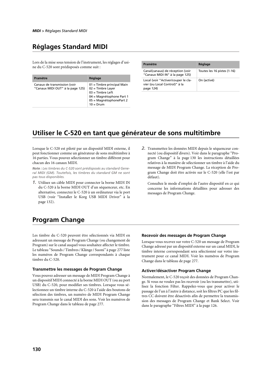 Réglages standard midi, Program change, Transmettre les messages de program change | Recevoir des messages de program change, Activer/désactiver program change | KORG C-520 User Manual | Page 132 / 298