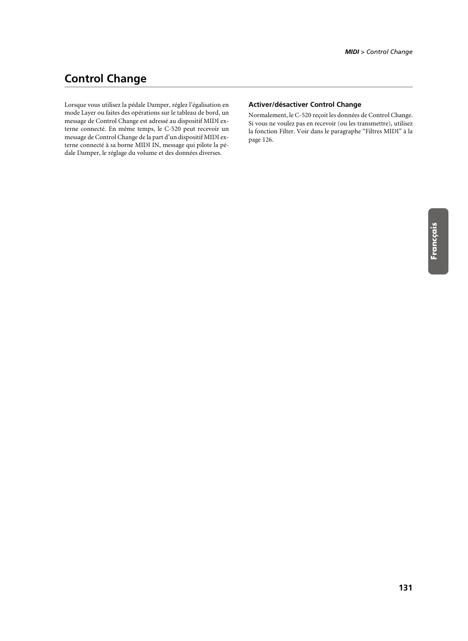 Control change, Activer/désactiver control change | KORG C-520 User Manual | Page 133 / 298