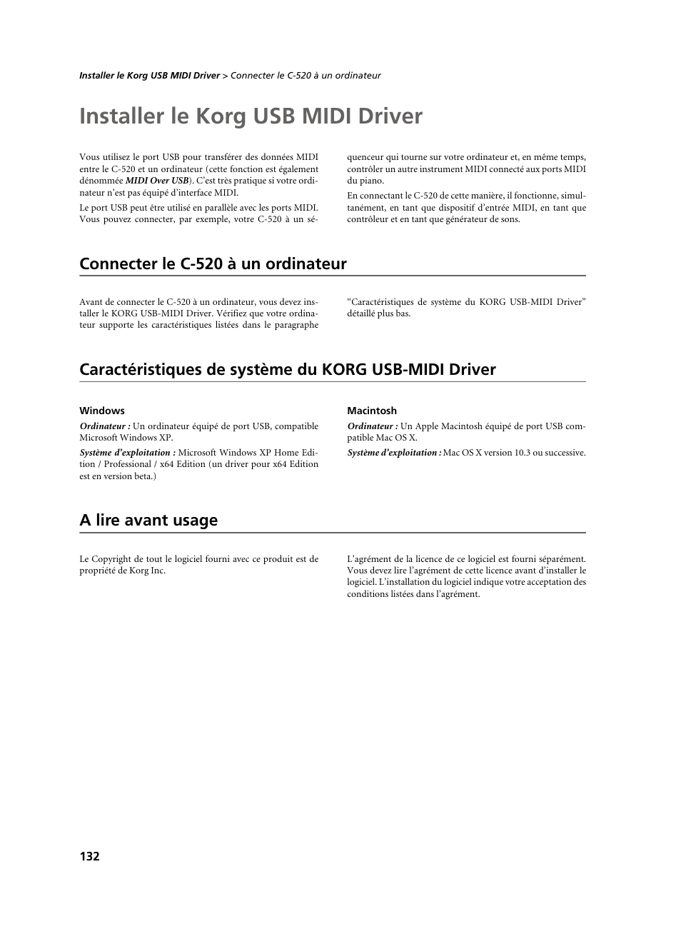 Installer le korg usb midi driver, Connecter le c-520 à un ordinateur, Windows | Macintosh, A lire avant usage | KORG C-520 User Manual | Page 134 / 298