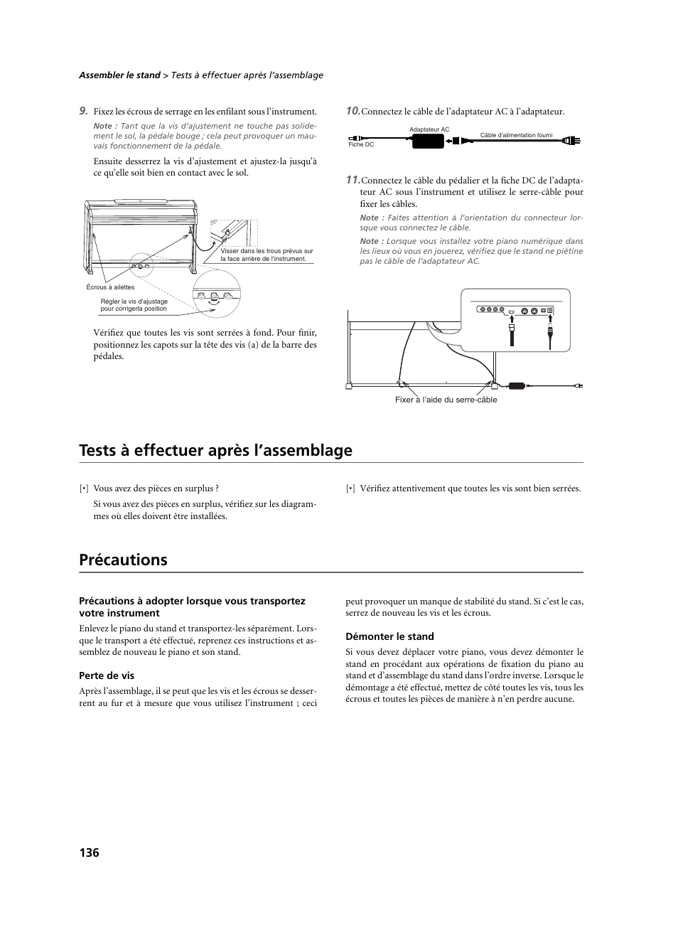 Tests à effectuer après l’assemblage, Précautions, Perte de vis | Démonter le stand, Tests à effectuer après l’assemblage précautions | KORG C-520 User Manual | Page 138 / 298