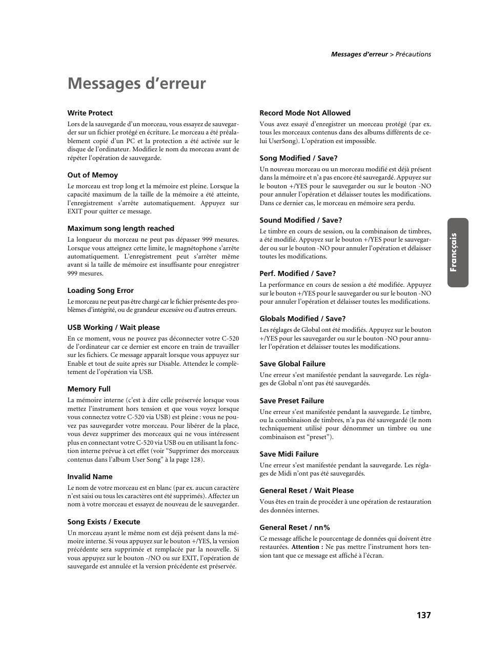 Messages d’erreur, Write protect, Out of memoy | Maximum song length reached, Loading song error, Usb working / wait please, Memory full, Invalid name, Song exists / execute, Record mode not allowed | KORG C-520 User Manual | Page 139 / 298