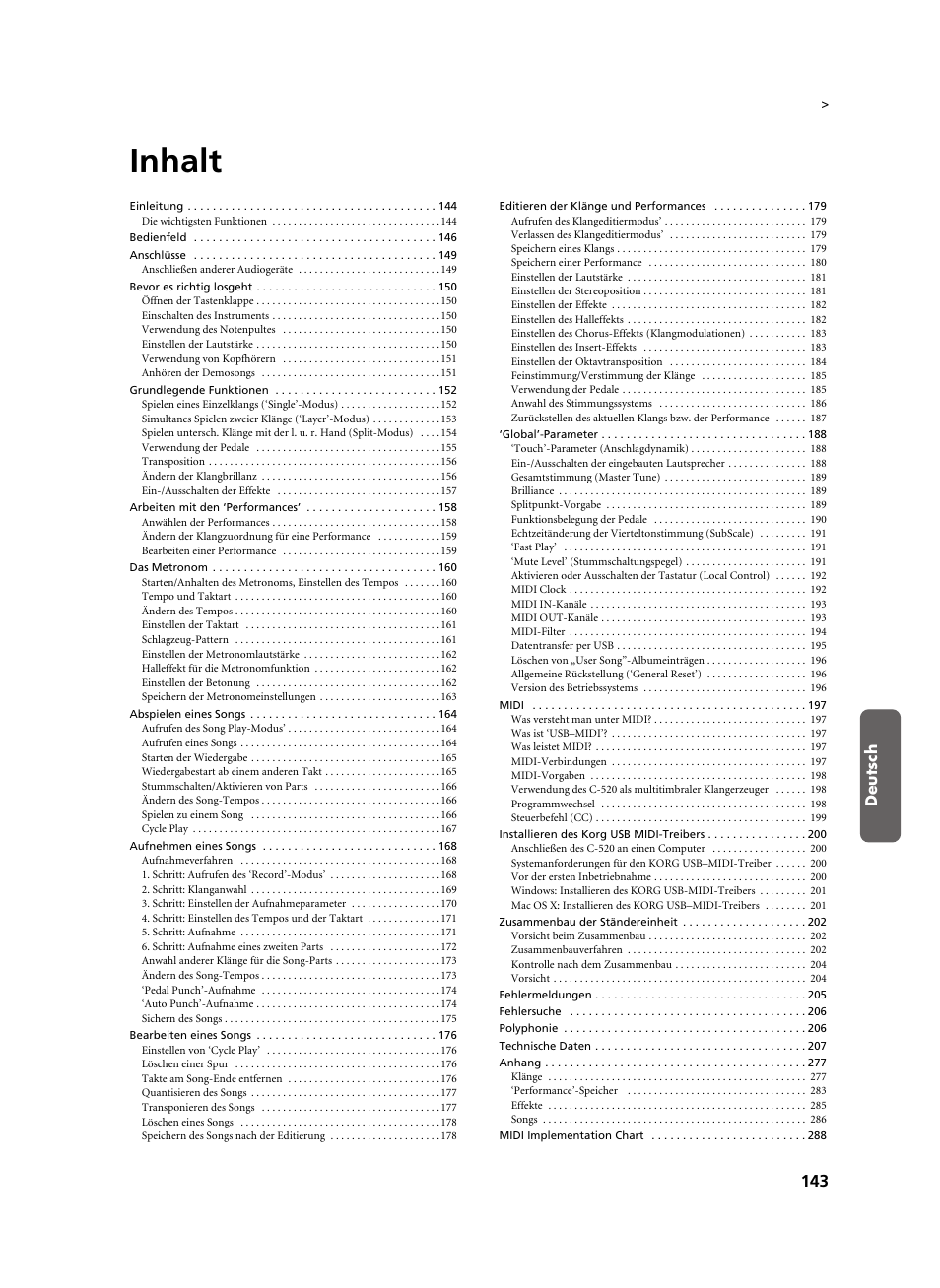 Inhalt | KORG C-520 User Manual | Page 145 / 298