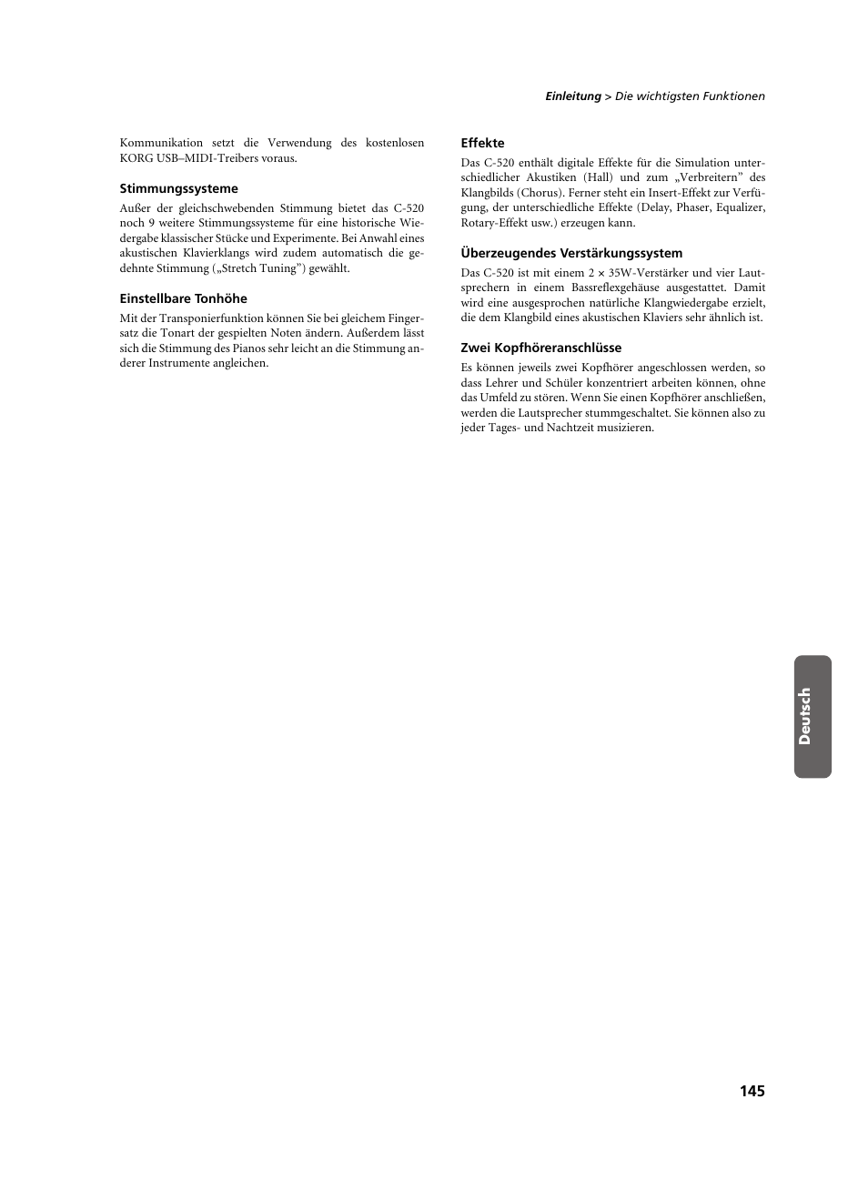 Stimmungssysteme, Einstellbare tonhöhe, Effekte | Überzeugendes verstärkungssystem, Zwei kopfhöreranschlüsse | KORG C-520 User Manual | Page 147 / 298