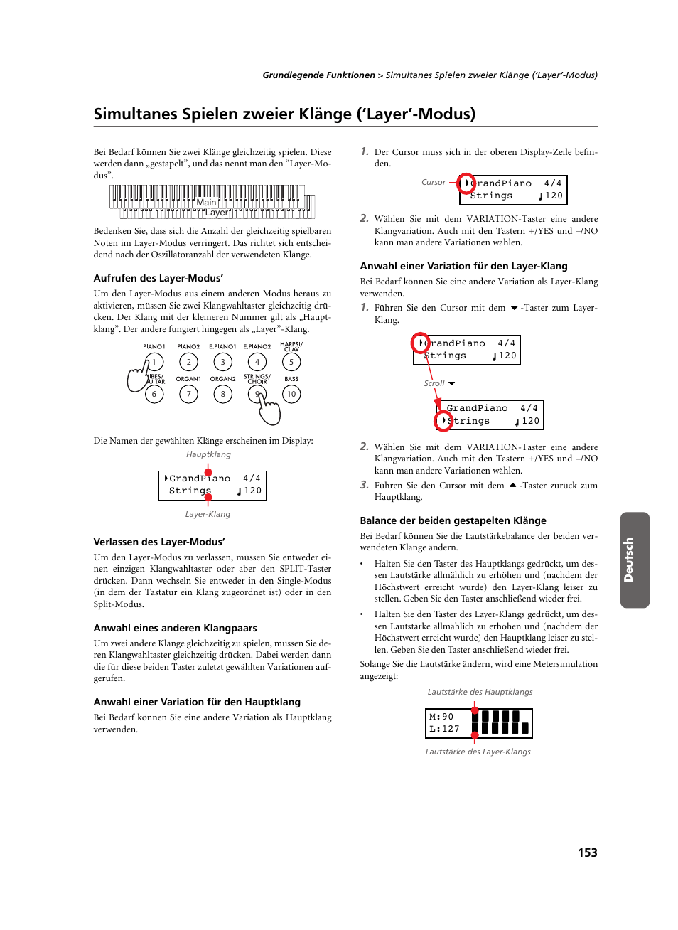 Simultanes spielen zweier klänge (‘layer’-modus), Aufrufen des layer-modus, Verlassen des layer-modus | Anwahl eines anderen klangpaars, Anwahl einer variation für den hauptklang, Anwahl einer variation für den layer-klang, Balance der beiden gestapelten klänge | KORG C-520 User Manual | Page 155 / 298