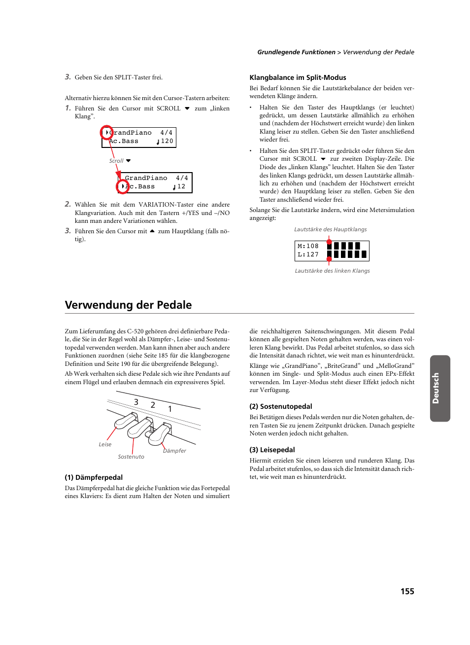 Klangbalance im split-modus, Verwendung der pedale, 1) dämpferpedal | 2) sostenutopedal, 3) leisepedal | KORG C-520 User Manual | Page 157 / 298