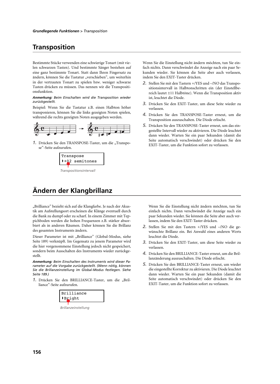Transposition, Ändern der klangbrillanz, Transposition ändern der klangbrillanz | Seite 156 | KORG C-520 User Manual | Page 158 / 298