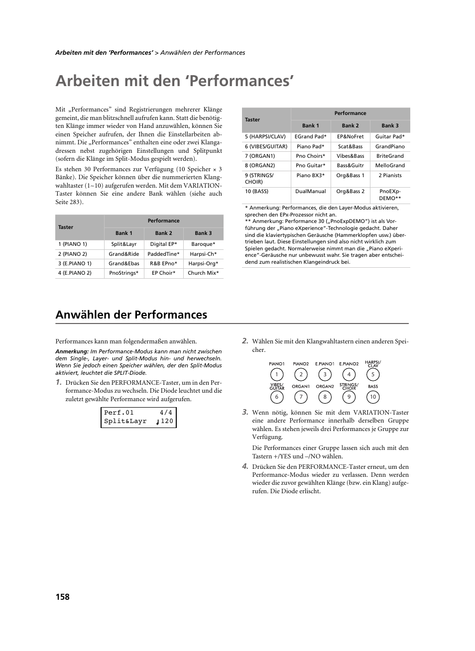 Arbeiten mit den ‘performances, Anwählen der performances, Gen. siehe seite 158 | Siehe seite 158 | KORG C-520 User Manual | Page 160 / 298