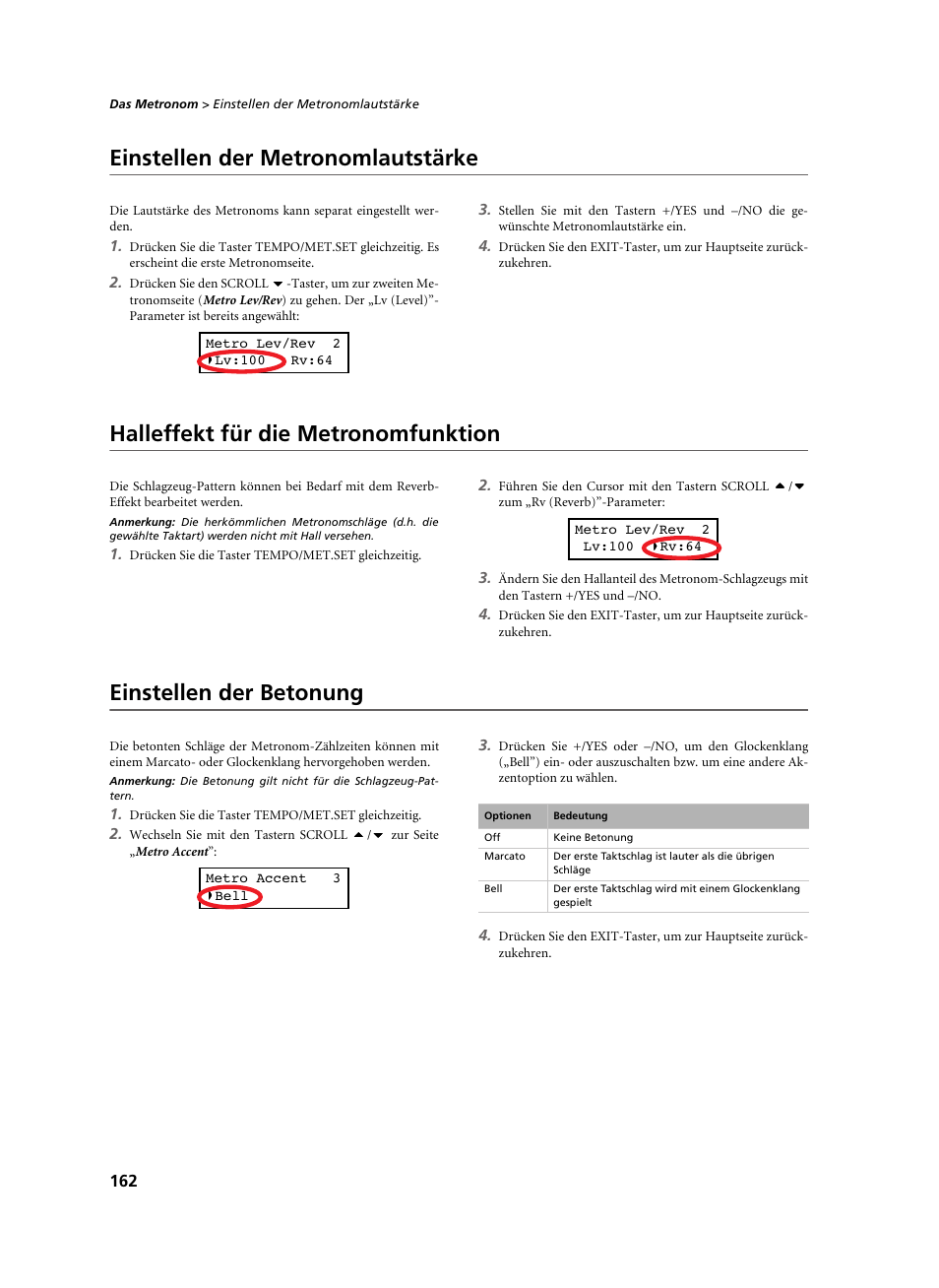 Einstellen der metronomlautstärke, Halleffekt für die metronomfunktion, Einstellen der betonung | KORG C-520 User Manual | Page 164 / 298
