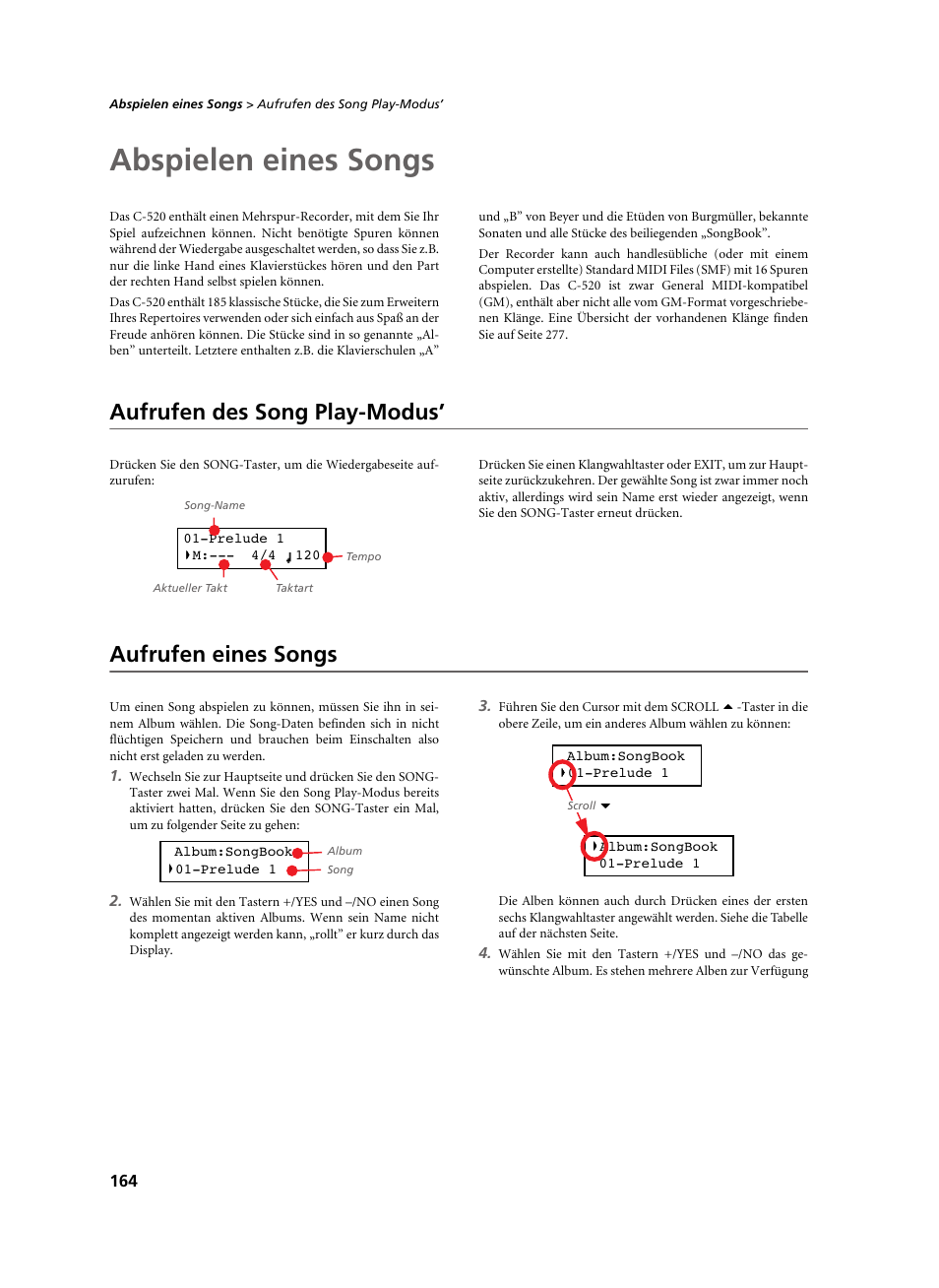 Abspielen eines songs, Aufrufen des song play-modus, Aufrufen eines songs | Aufrufen des song play-modus’ aufrufen eines songs, Seite 164, seite 168 | KORG C-520 User Manual | Page 166 / 298