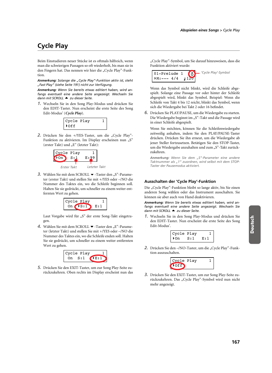 Cycle play, Ausschalten der ‘cycle play’-funktion | KORG C-520 User Manual | Page 169 / 298