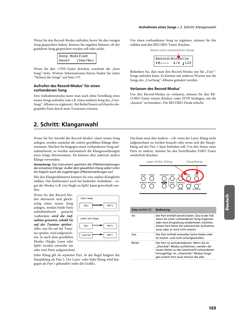 Verlassen des record-modus, Schritt: klanganwahl | KORG C-520 User Manual | Page 171 / 298