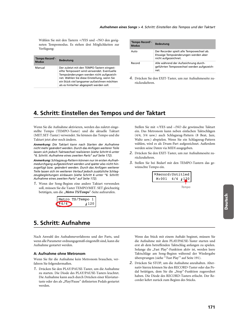 Schritt: einstellen des tempos und der taktart, Schritt: aufnahme, A: aufnahme ohne metronom | KORG C-520 User Manual | Page 173 / 298