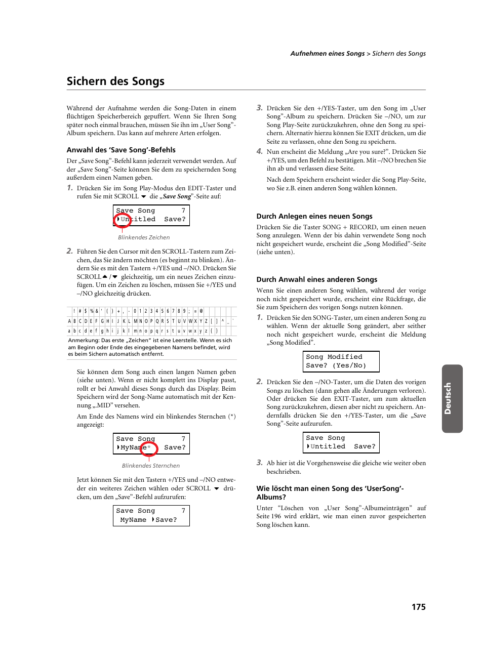 Sichern des songs, Anwahl des ‘save song’-befehls, Durch anlegen eines neuen songs | Durch anwahl eines anderen songs, Wie löscht man einen song des ‘usersong’- albums | KORG C-520 User Manual | Page 177 / 298