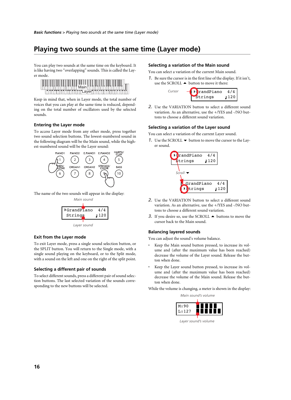 Playing two sounds at the same time (layer mode), Entering the layer mode, Exit from the layer mode | Selecting a different pair of sounds, Selecting a variation of the main sound, Selecting a variation of the layer sound, Balancing layered sounds | KORG C-520 User Manual | Page 18 / 298