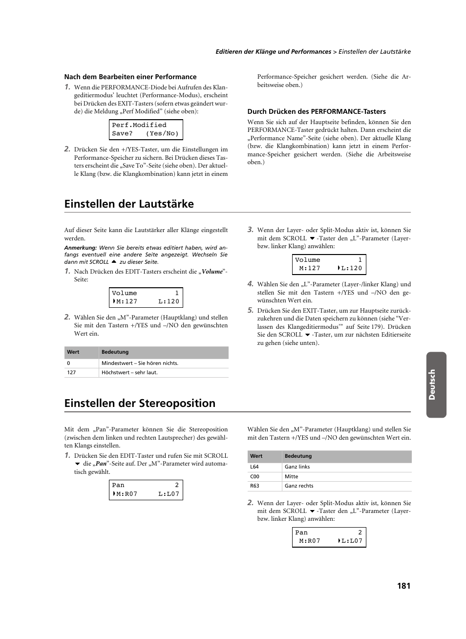 Nach dem bearbeiten einer performance, Durch drücken des performance-tasters, Einstellen der lautstärke | Einstellen der stereoposition | KORG C-520 User Manual | Page 183 / 298