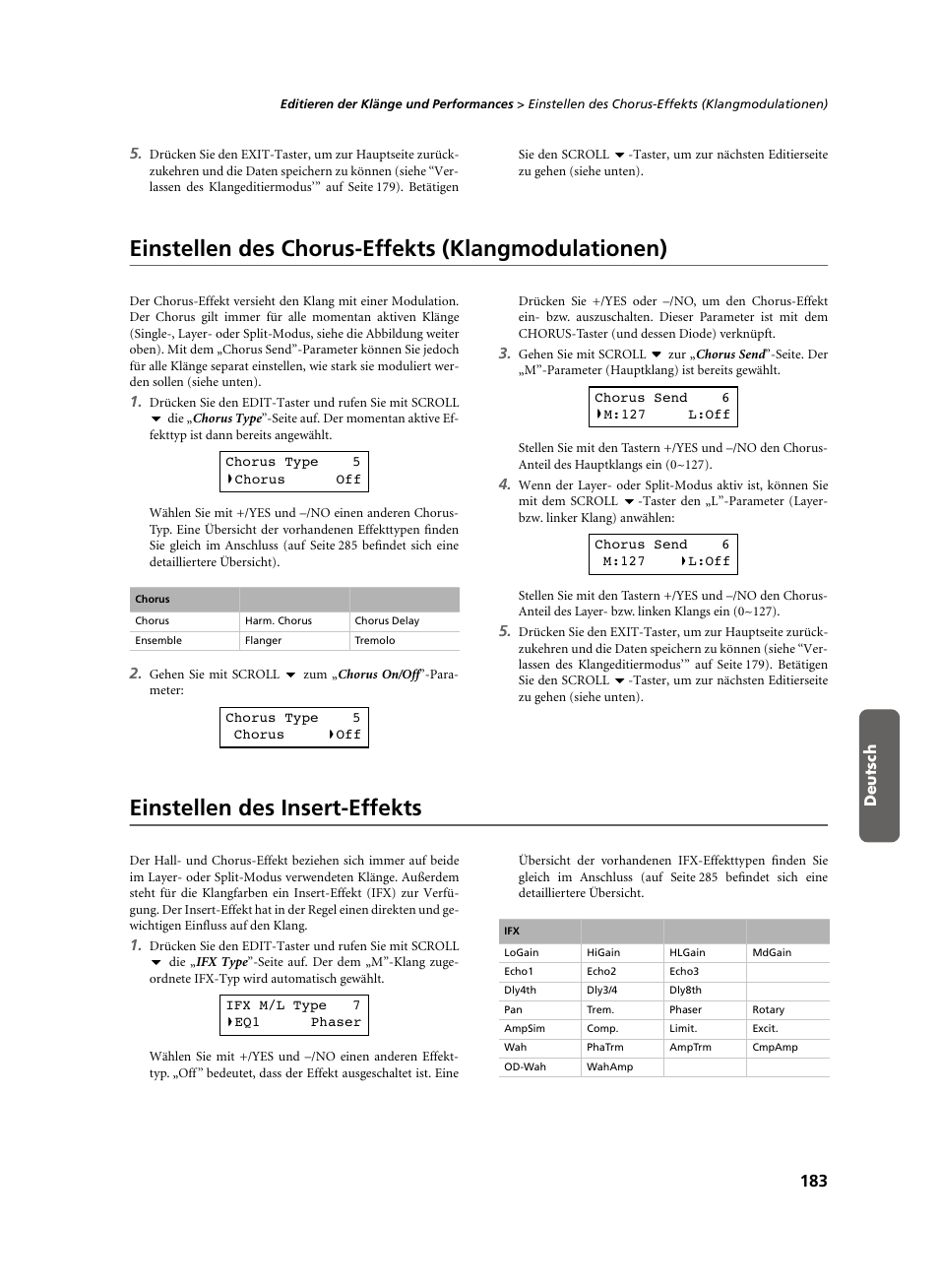 Einstellen des chorus-effekts (klangmodulationen), Einstellen des insert-effekts | KORG C-520 User Manual | Page 185 / 298