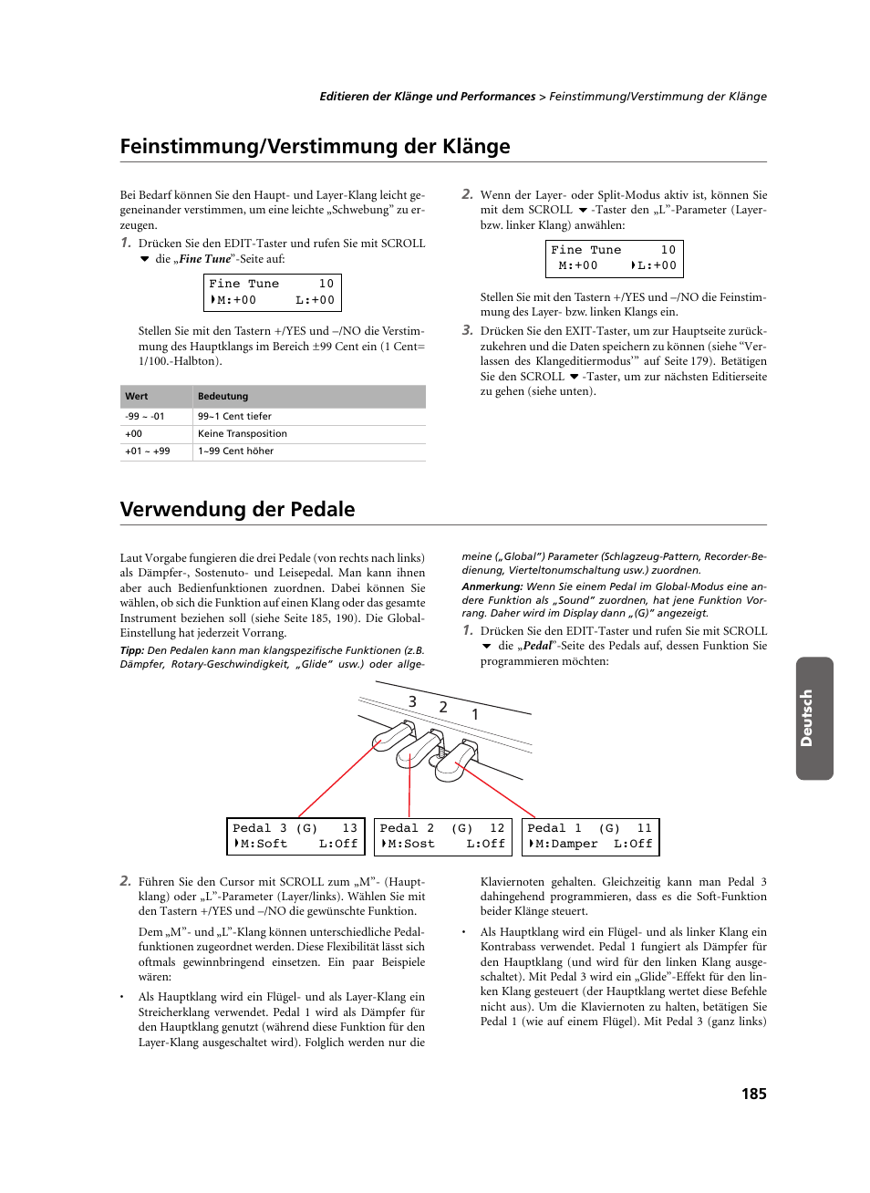 Feinstimmung/verstimmung der klänge, Verwendung der pedale | KORG C-520 User Manual | Page 187 / 298