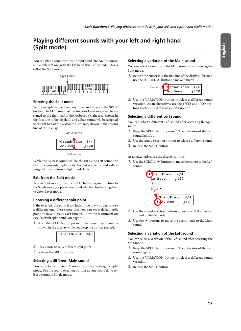 Entering the split mode, Exit from the split mode, Choosing a different split point | Selecting a different main sound, Selecting a variation of the main sound, Selecting a different left sound, Selecting a variation of the left sound | KORG C-520 User Manual | Page 19 / 298